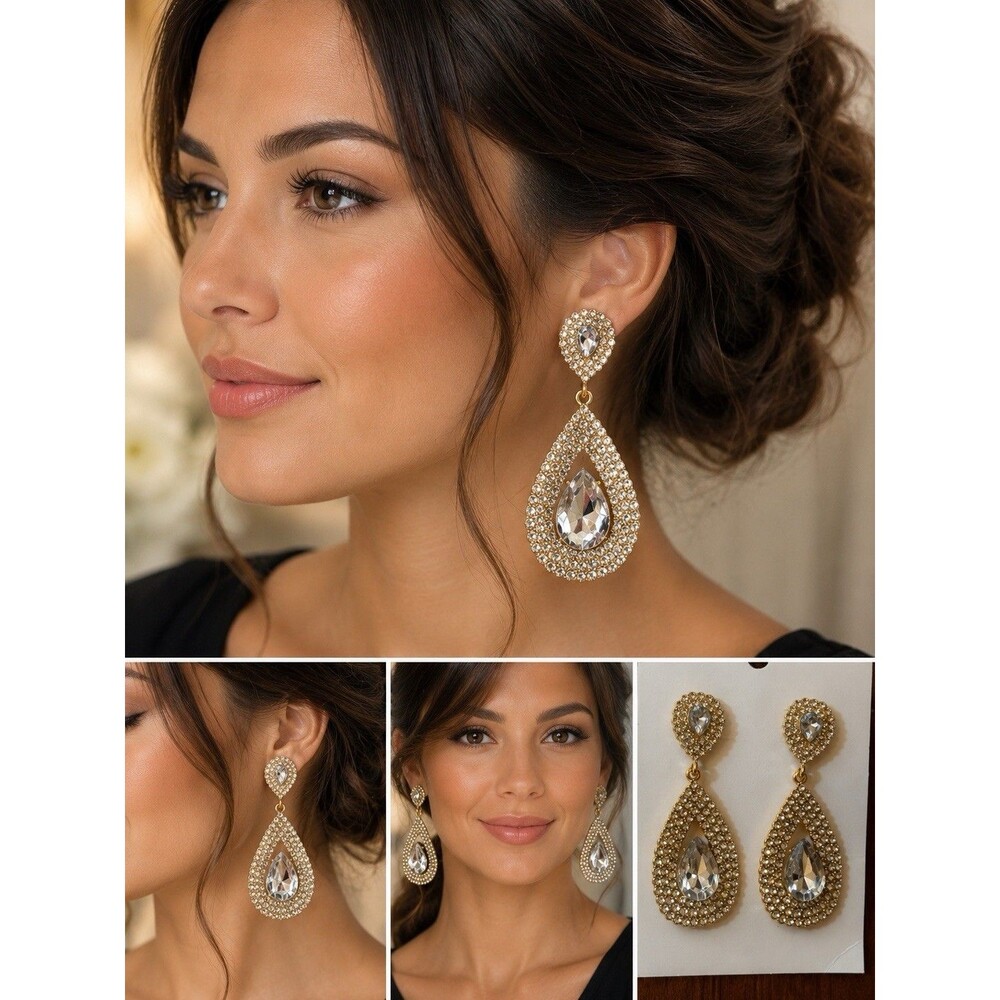 New Silver Tone Rhinestone Teardrop Dangle Earrings Clear Crystal Statement